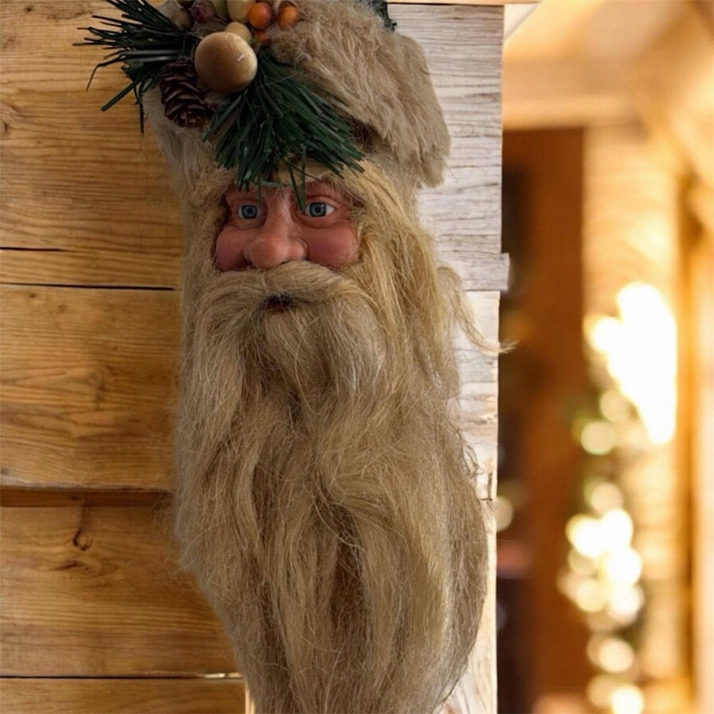 Vtg Woodland Santa Rubber Face Forest Father Figurine Blue Eyes Rope Twine Hair